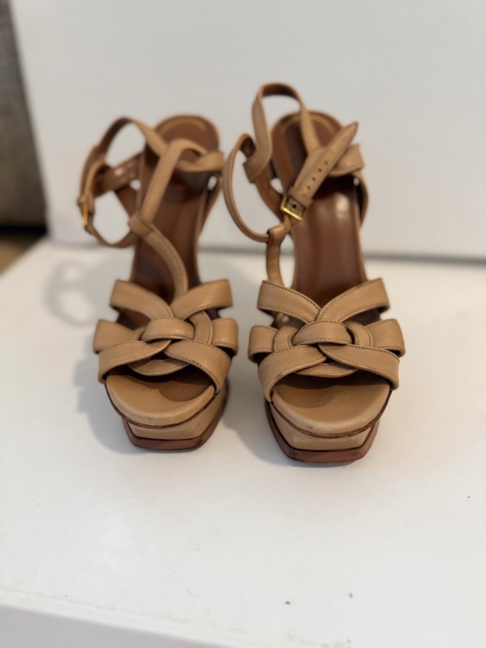 Yves Saint Laurent Beige Knotted Leather Platform Sandals